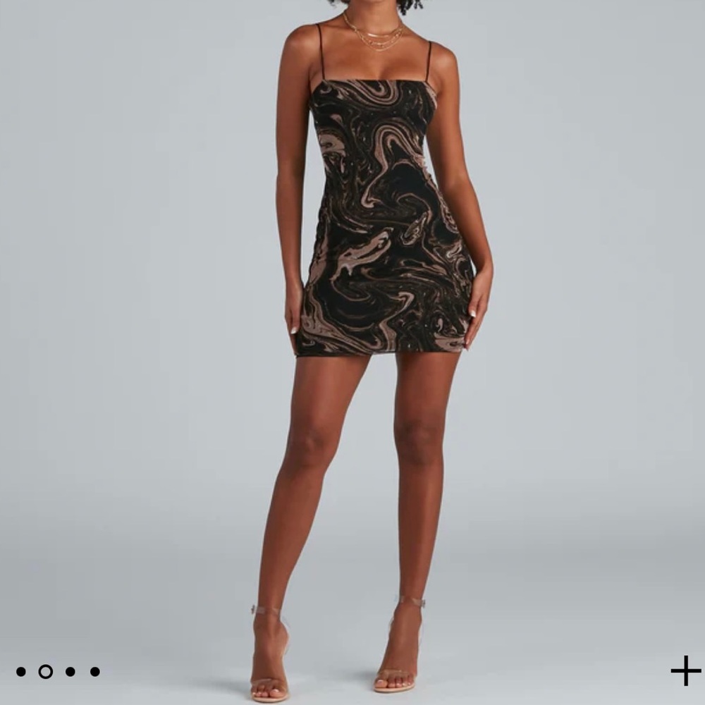 NEW black/ pink swirled bodycon mini dress with spaghetti straps. Size S.